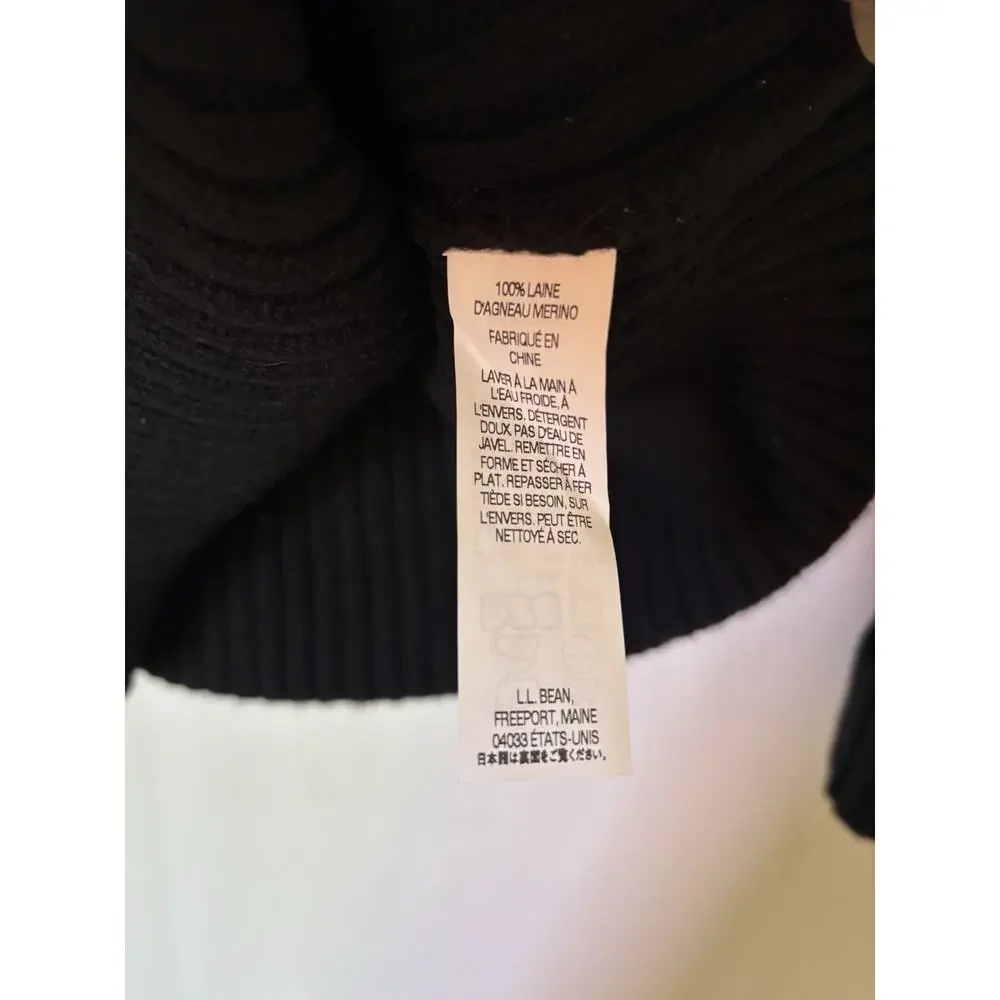 LL Bean Mens Sweater XL Wool Black Ribbed Patches Crew Neck